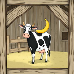 Inside a farmyard, a rustic wooden fence surrounds a scene where a cow stands proudly with a banana perched on its back