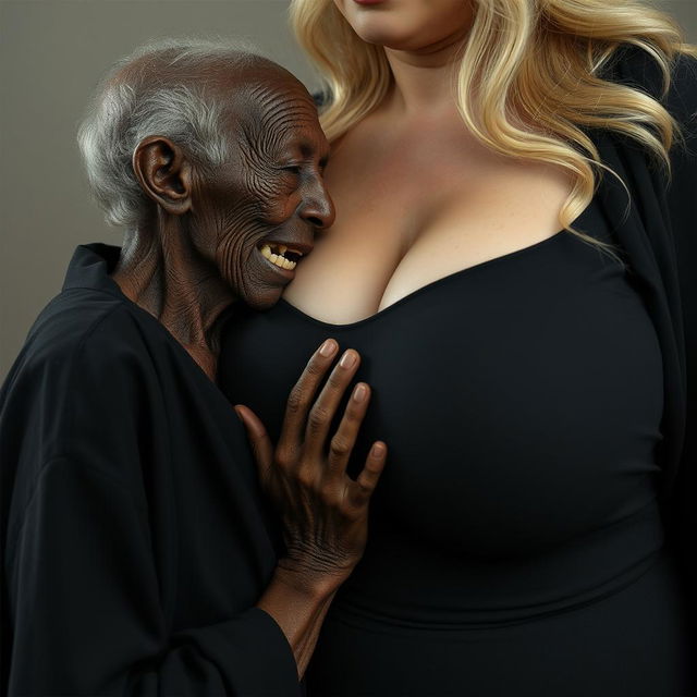 An elderly, malnourished African woman, appearing to be150 years old with decayed teeth, dressed in a long, completely closed black outfit, is pressing her face into the extraordinarily large breasts of a voluptuous blonde woman