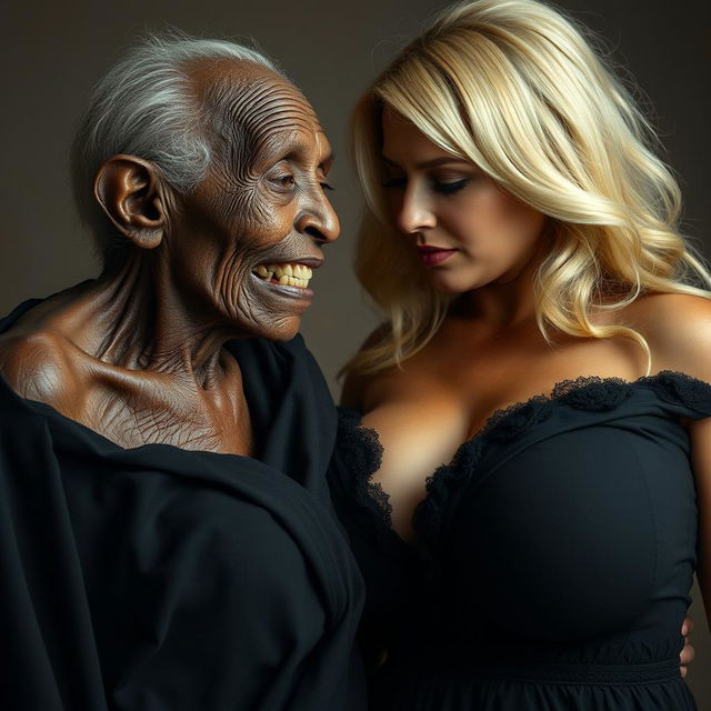 An elderly, malnourished African woman, appearing to be 150 years old with decayed teeth, is wearing a long black outfit that is completely closed