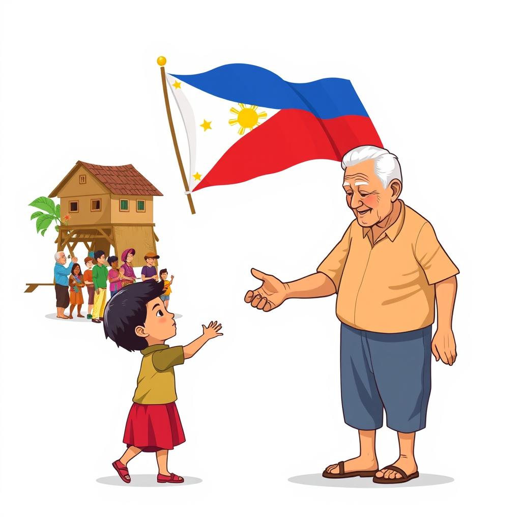 A heartwarming scene depicting a child respectfully holding the hand of an elderly person in a traditional gesture of 'mano'