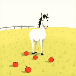 A charming scene on a farm's grassy field featuring a horse standing with its legs surrounding a few apples scattered on the ground