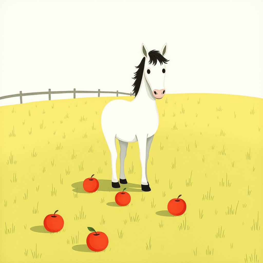 A charming scene on a farm's grassy field featuring a horse standing with its legs surrounding a few apples scattered on the ground