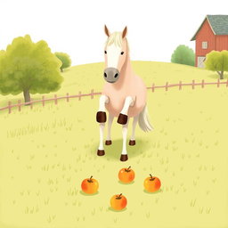 A charming scene on a farm's grassy field featuring a horse standing with its legs surrounding a few apples scattered on the ground