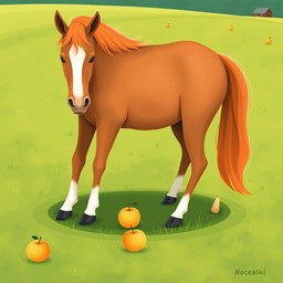 A charming scene on a farm's grassy field featuring a horse standing with its legs surrounding a few apples scattered on the ground