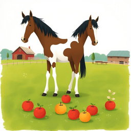 A charming scene on a farm's grassy field featuring a horse standing with its legs surrounding a few apples scattered on the ground