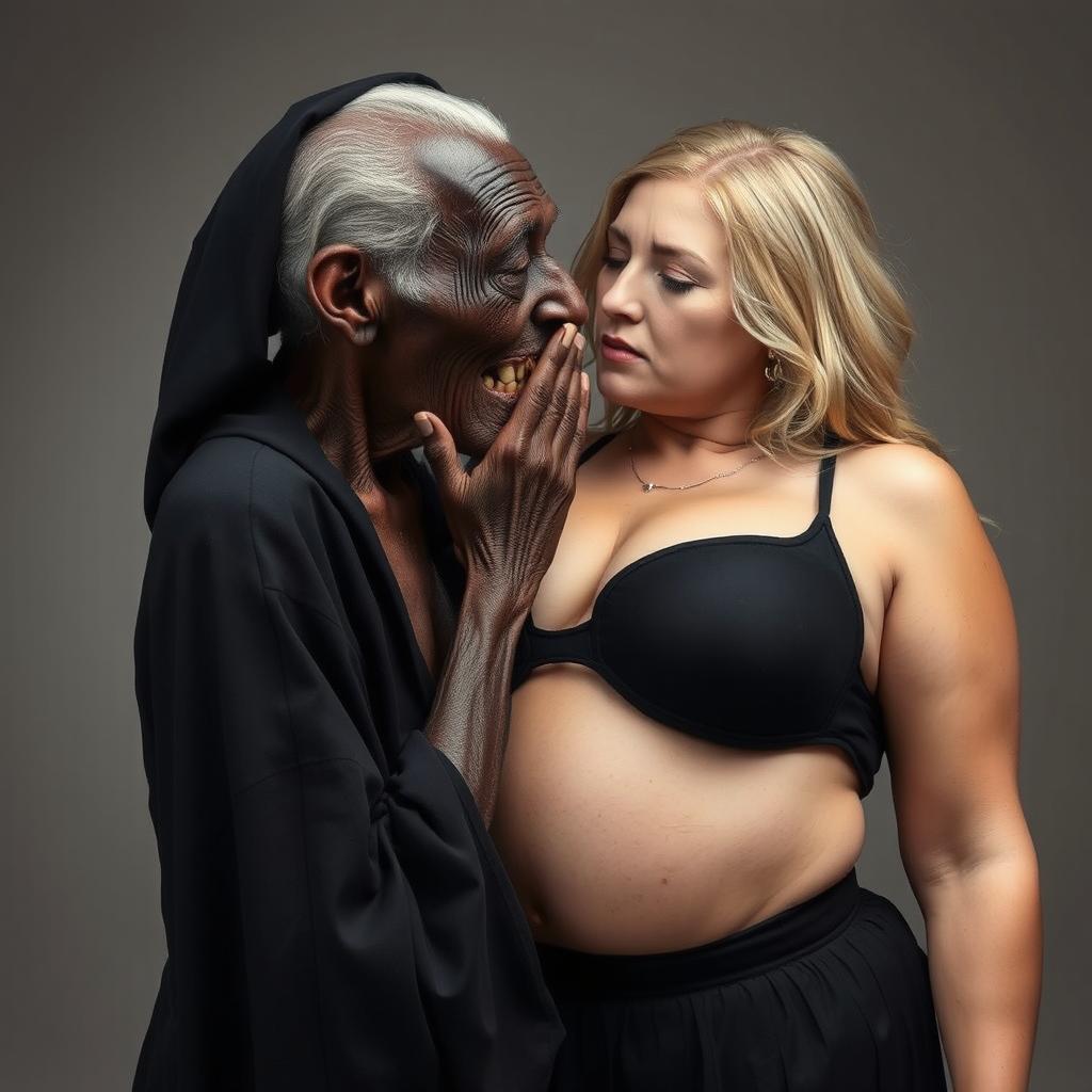 An elderly, malnourished African woman, appearing to be 150 years old with decayed teeth, dressed in a long, completely closed black outfit, intensely pressing her face against the exceptionally large breasts of a voluptuous blonde woman