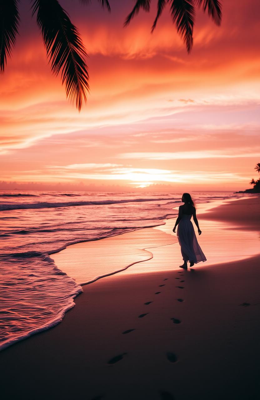 A tranquil beach scene during sunset, with soft waves gently lapping at the shore