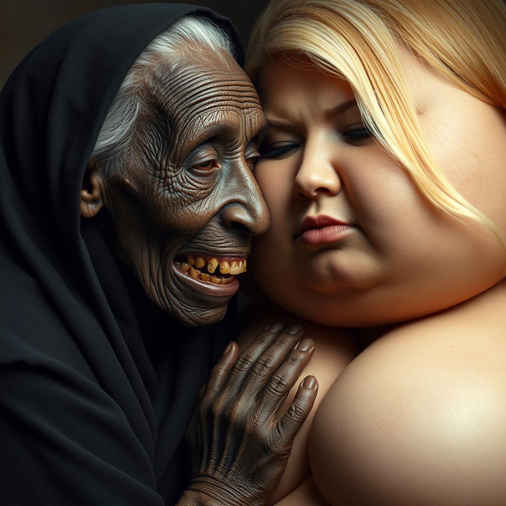 An elderly, malnourished African woman, appearing to be 150 years old with decayed teeth, dressed in a long, closed black cloak, is pressing her face against the extraordinarily large breasts of a voluptuous blonde woman