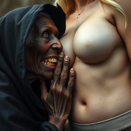 An elderly, malnourished African woman, appearing to be 150 years old with decayed teeth, dressed in a long, closed black cloak, is pressing her face against the extraordinarily large breasts of a voluptuous blonde woman