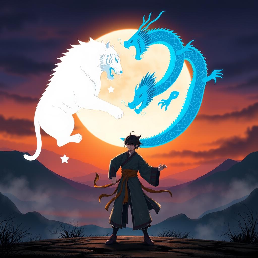 A dynamic scene depicting a character standing in a dramatic pose, with two vivid silhouettes above their head