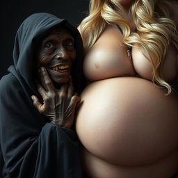 An elderly, malnourished African woman, appearing to be 150 years old with decayed teeth, is dressed in a long, closed black cloak