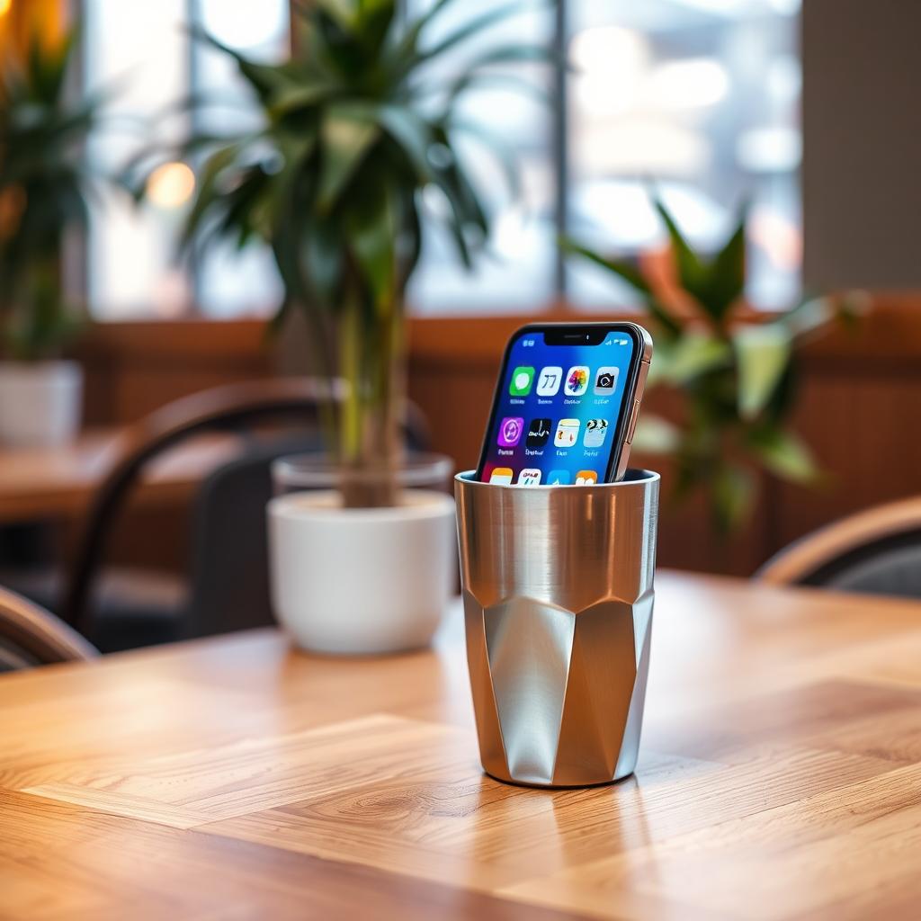 A modern and stylish cellphone placed inside a sleek tumbler
