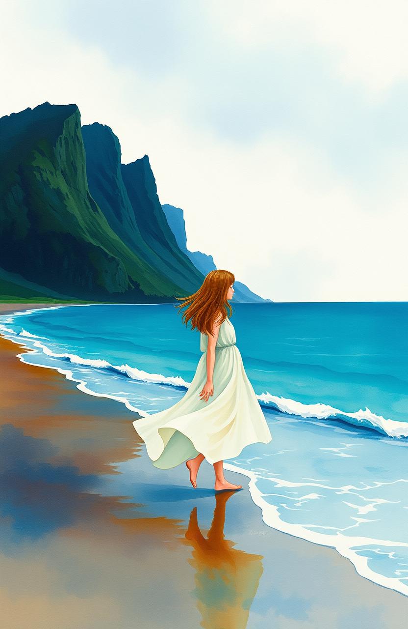 A melancholic scene featuring a sad girl walking along the shores of a tranquil Skye landscape