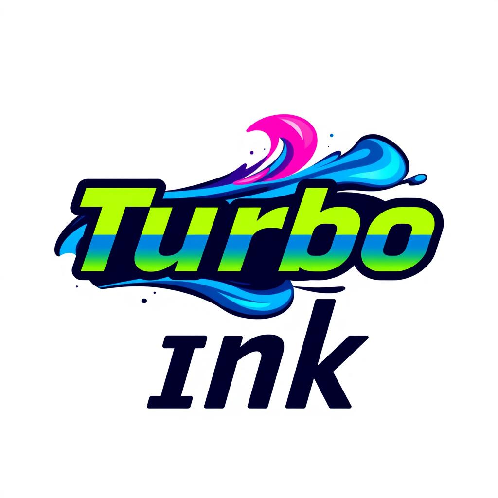 A modern and dynamic logo design for "Turbo Ink", featuring a combination of a vibrant ink swirl or splash motif and a stylized, bold typography for the brand name