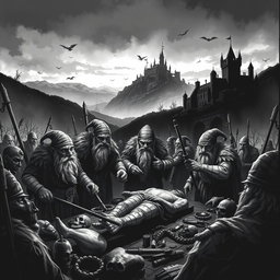 A stark black and white illustration depicting the harrowing hunting period of dwarves in a human magiocracy during a plague