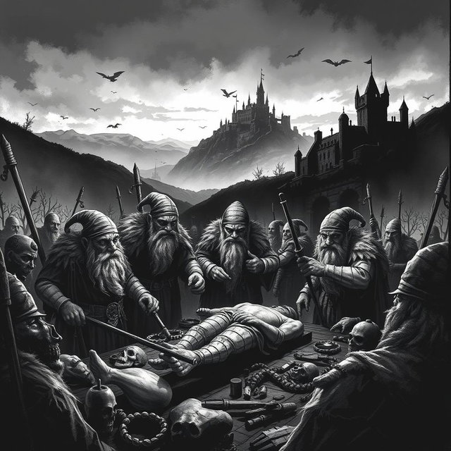 A stark black and white illustration depicting the harrowing hunting period of dwarves in a human magiocracy during a plague