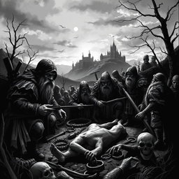A stark black and white illustration depicting the harrowing hunting period of dwarves in a human magiocracy during a plague