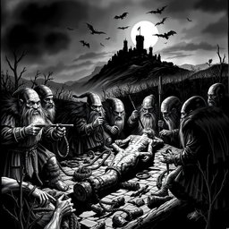 A stark black and white illustration depicting the harrowing hunting period of dwarves in a human magiocracy during a plague