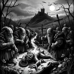A stark black and white illustration depicting the harrowing hunting period of dwarves in a human magiocracy during a plague