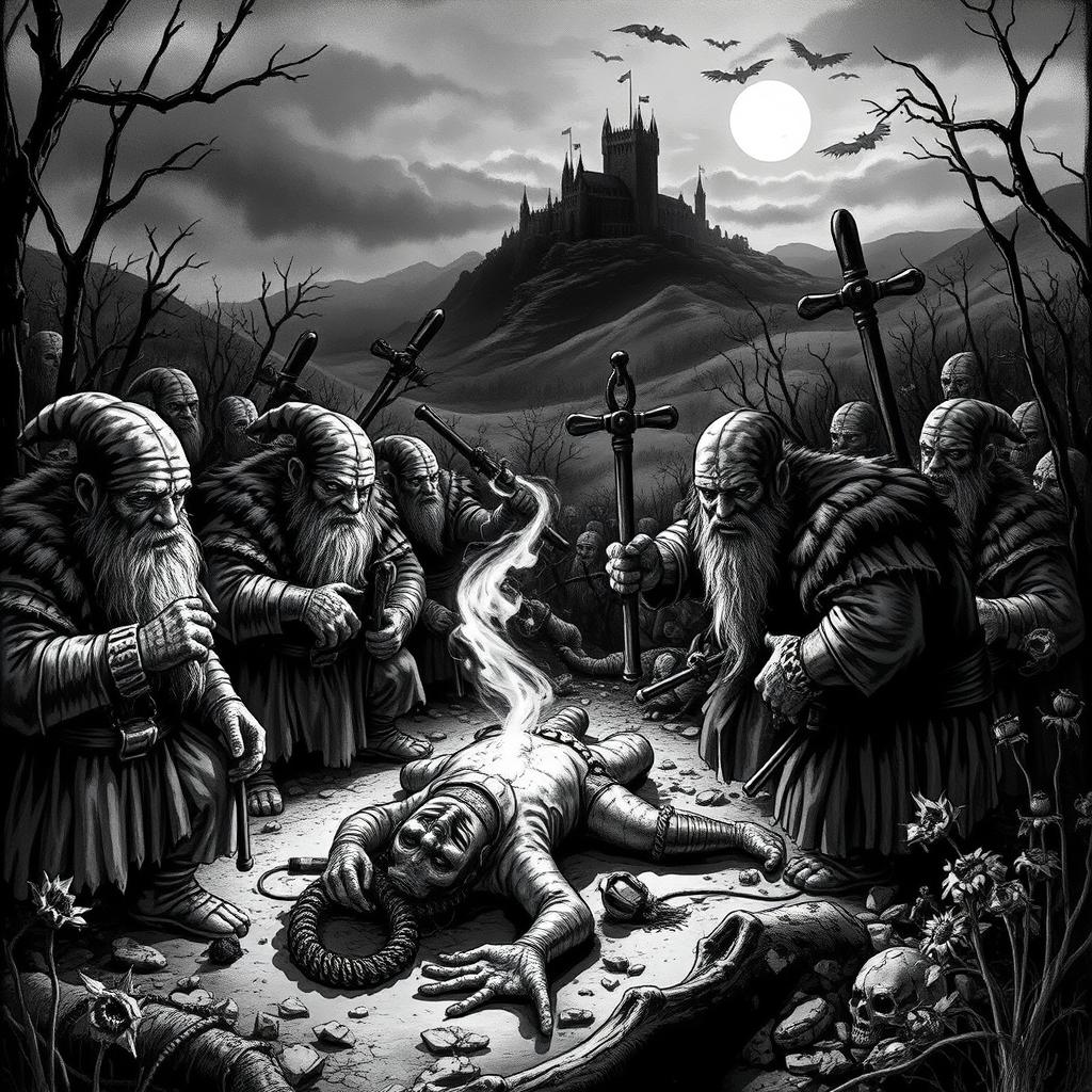A stark black and white illustration depicting the harrowing hunting period of dwarves in a human magiocracy during a plague