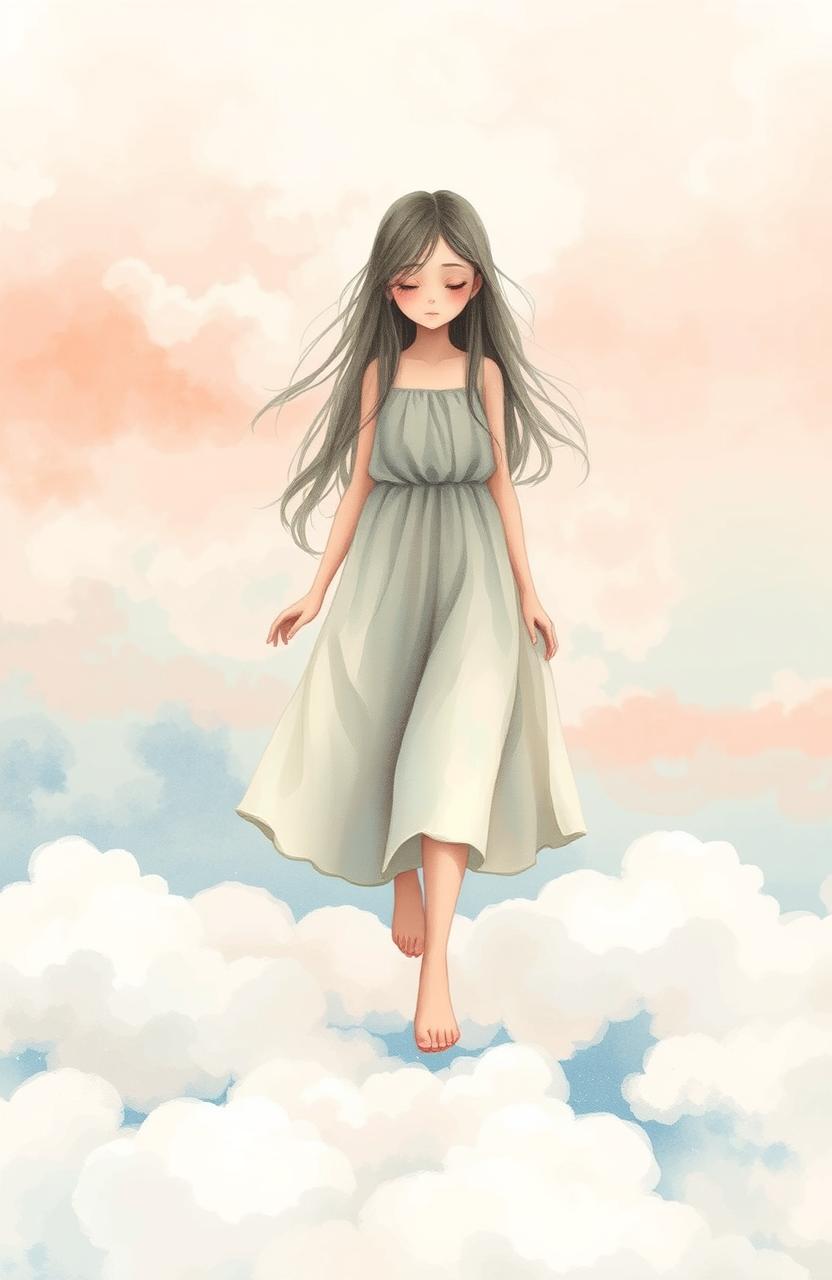 A melancholic girl walking on fluffy white clouds, surrounded by a dreamy, ethereal atmosphere
