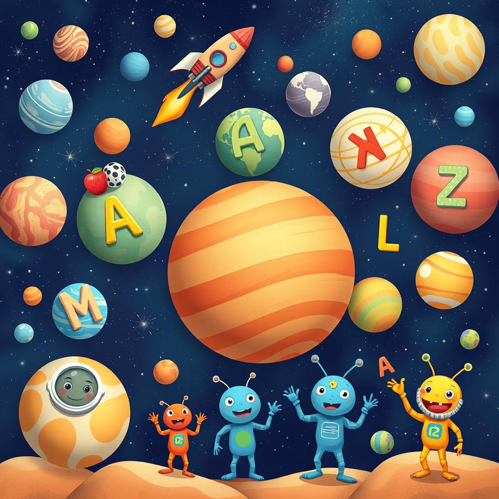 A vibrant and colorful outer space scene featuring a variety of planets, each uniquely shaped and adorned, representing letters from A to Z