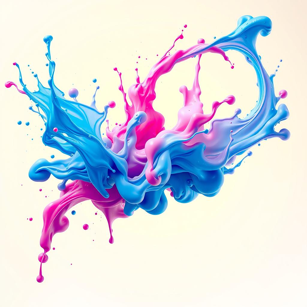 A dynamic and energetic abstract representation of 'turbo ink,' showcasing vibrant splashes and flowing streams of colorful ink in shades of blue, pink, and yellow