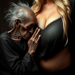 An elderly, emaciated African woman, appearing around 150 years old, dressed in a long, fully covered black outfit