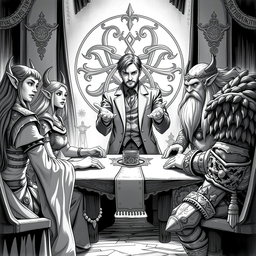 A detailed black and white illustration depicting a human diplomat engaged in tense peace negotiations between elves and dwarves