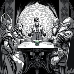 A detailed black and white illustration depicting a human diplomat engaged in tense peace negotiations between elves and dwarves