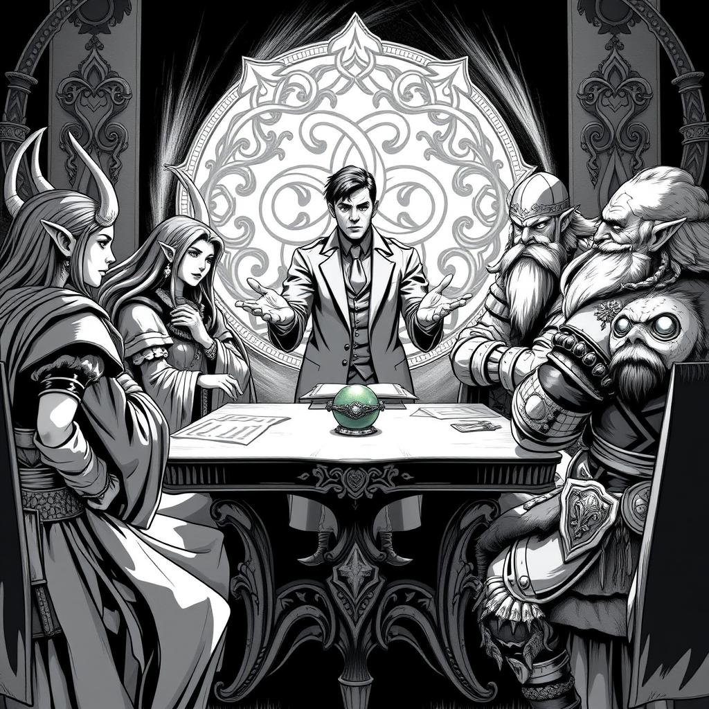 A detailed black and white illustration depicting a human diplomat engaged in tense peace negotiations between elves and dwarves