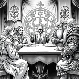 A detailed black and white illustration depicting a human diplomat engaged in tense peace negotiations between elves and dwarves