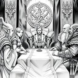 A detailed black and white illustration depicting a human diplomat engaged in tense peace negotiations between elves and dwarves