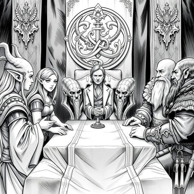 A detailed black and white illustration depicting a human diplomat engaged in tense peace negotiations between elves and dwarves
