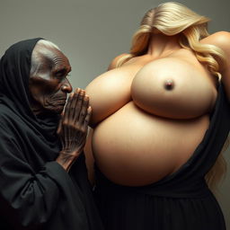 An elderly, emaciated African woman, appearing around 150 years old, dressed in a long, fully covered black outfit