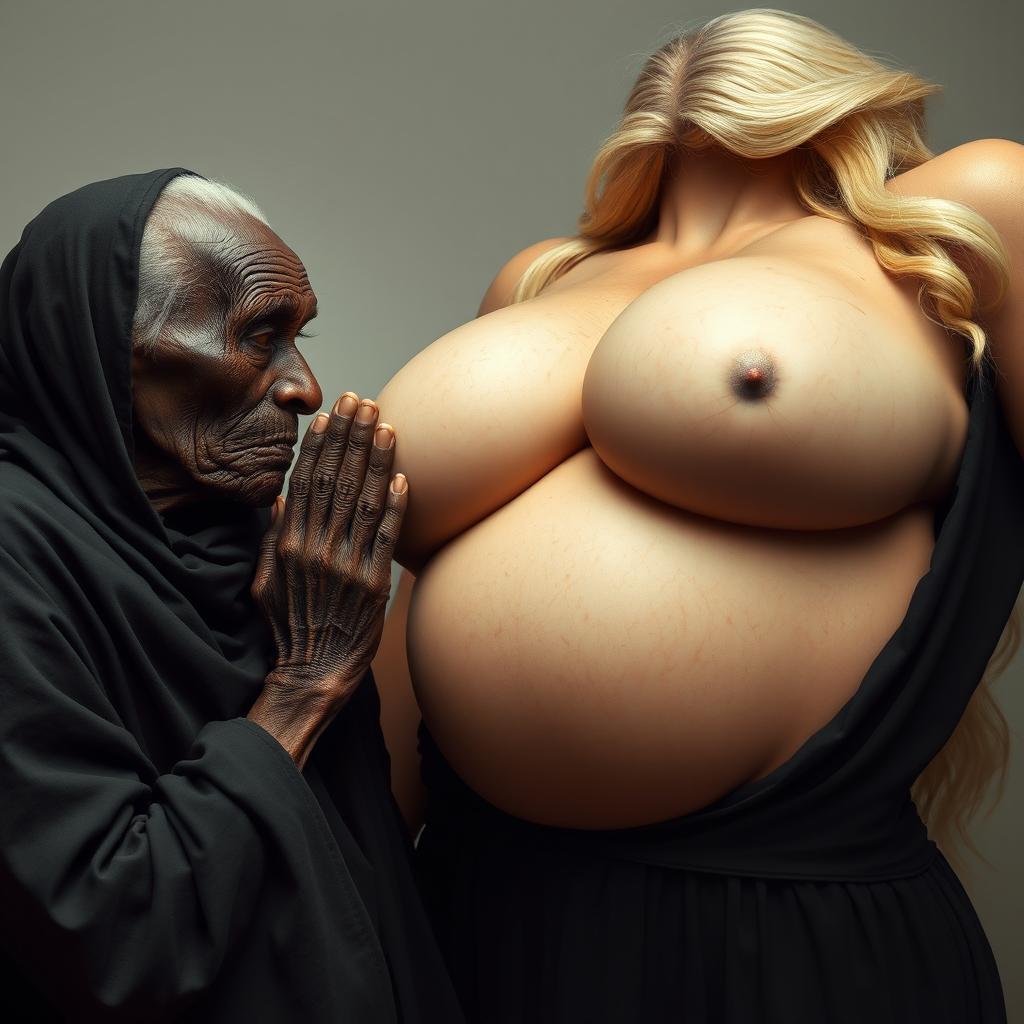 An elderly, emaciated African woman, appearing around 150 years old, dressed in a long, fully covered black outfit