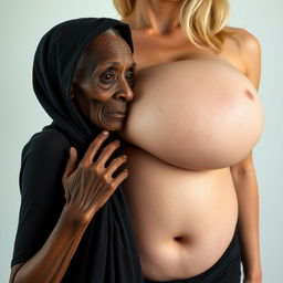 An elderly, emaciated African woman, appearing around 150 years old, dressed in a long, completely closed black garment