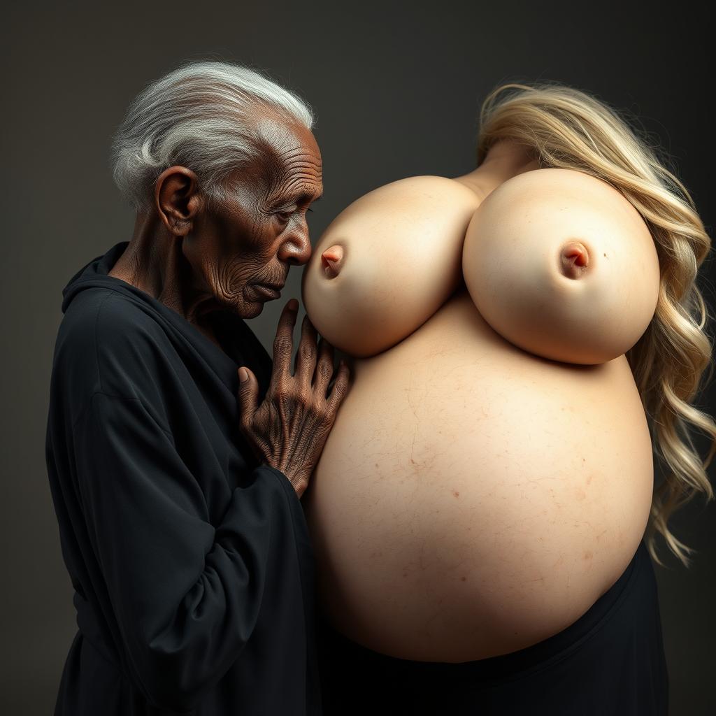 An elderly, emaciated African woman, looking around 150 years old, dressed in a long, entirely closed black garment