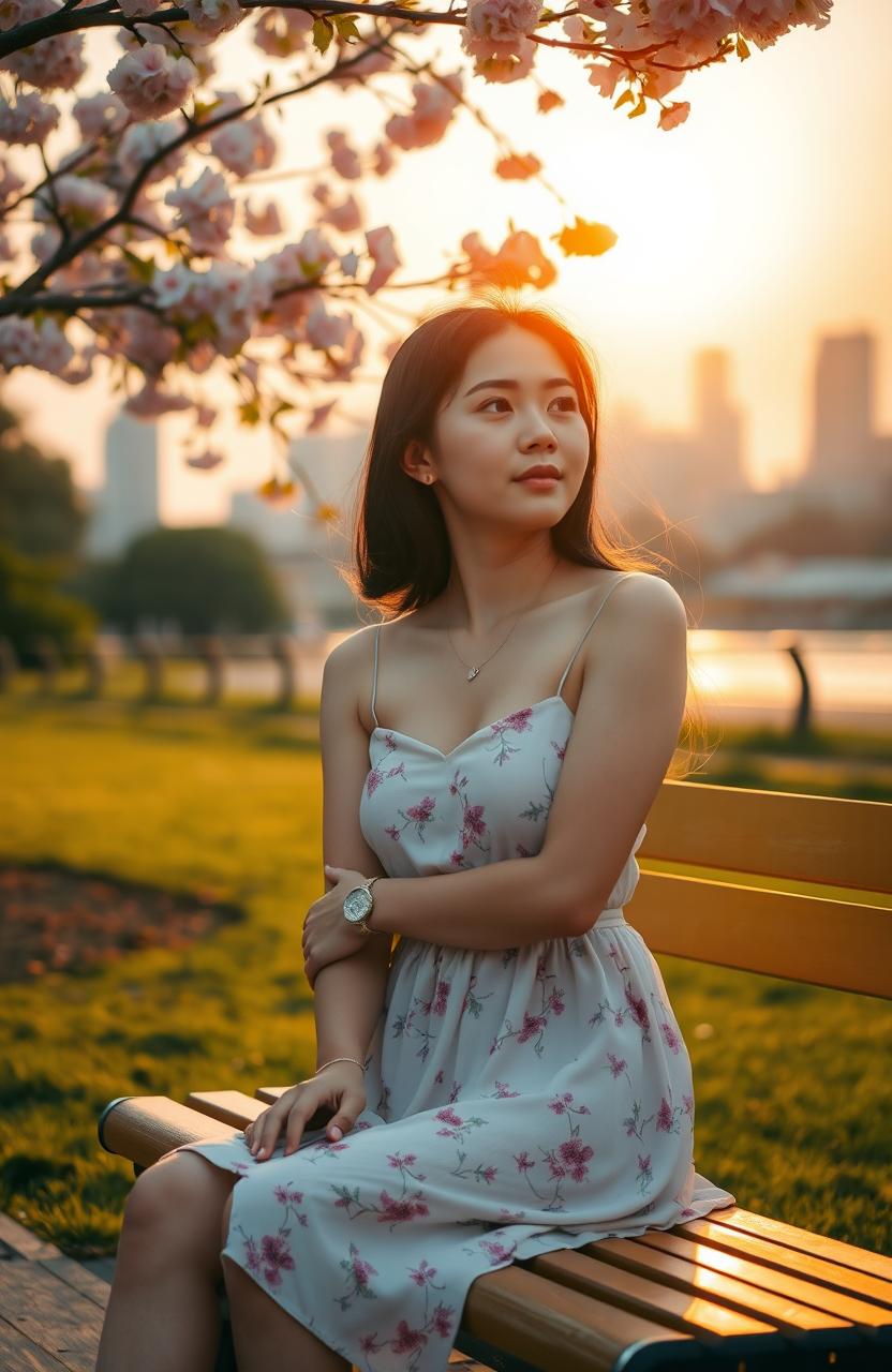A serene setting featuring a young woman sitting on a park bench, gazing thoughtfully into the distance, wearing a stylish summer dress with a floral pattern