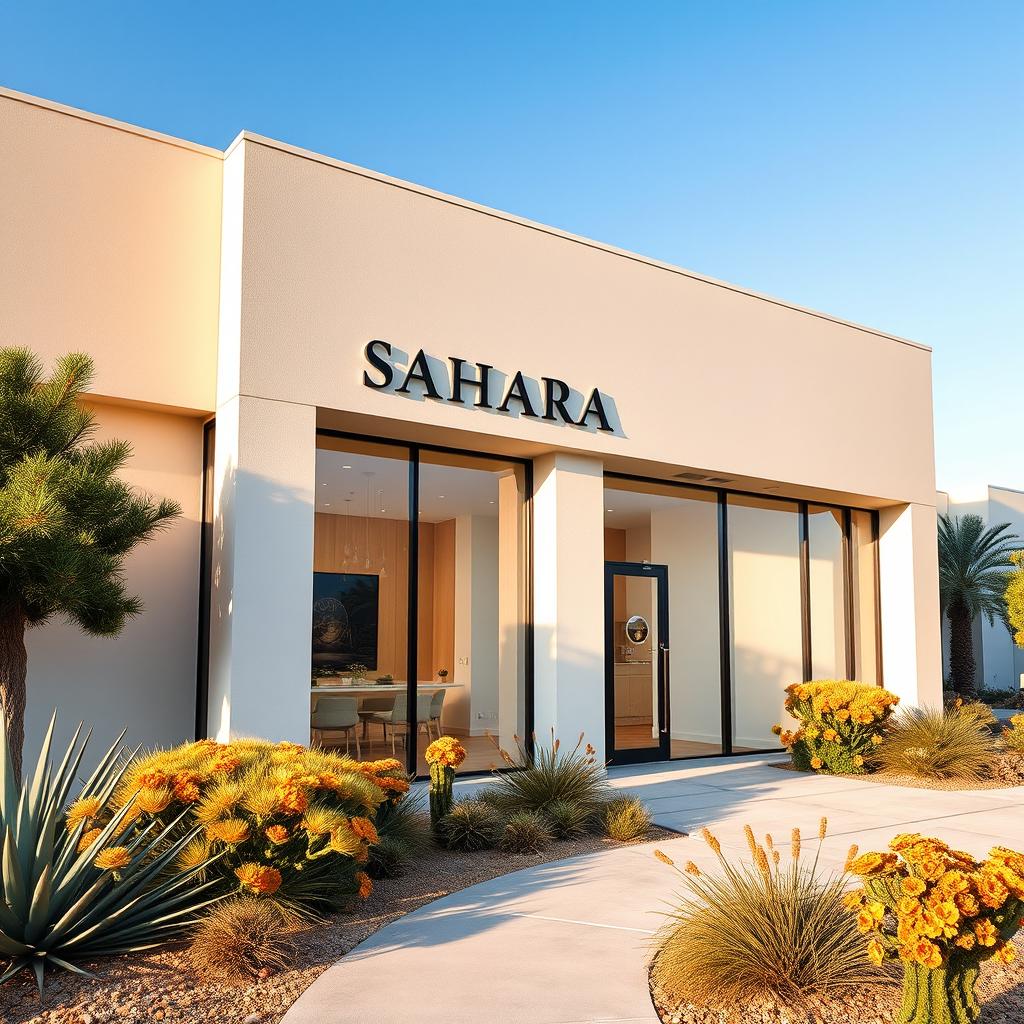 A simple yet elegant company building designed specifically for SAHARA perfume, featuring a modern architectural style with large glass windows that allow natural light to fill the interior