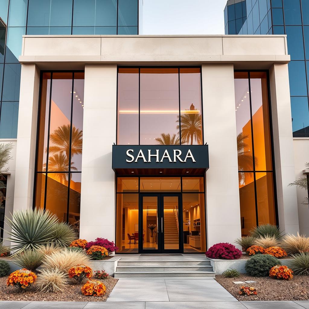 A simple yet elegant company building designed specifically for SAHARA perfume, featuring a modern architectural style with expansive glass windows that reflect the surrounding environment