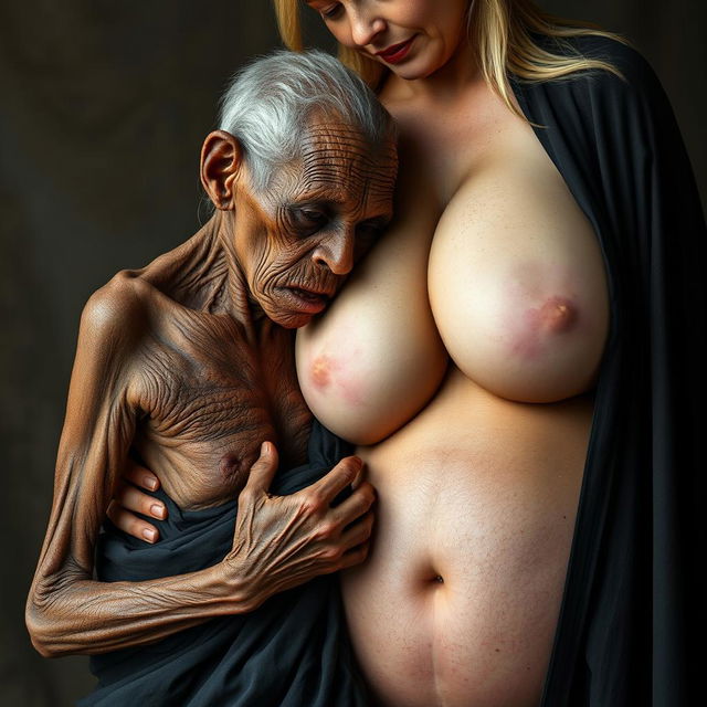 An elderly, emaciated African woman, appearing around 150 years old, dressed in a long, completely closed black garment