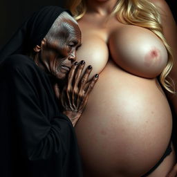 An elderly, emaciated African woman, appearing around 150 years old, dressed in a long, completely closed black garment