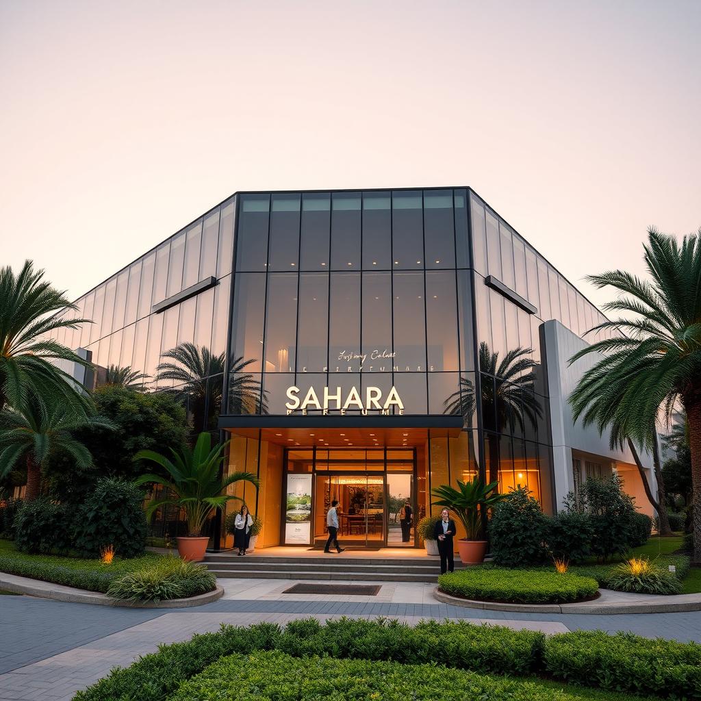 A modern and elegant company building for SAHARA perfume, featuring a sleek glass facade and minimalist design