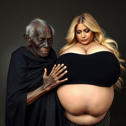 An elderly, emaciated African woman, appearing around 150 years old, dressed in a long, completely closed black garment