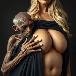 An elderly, emaciated African woman, appearing around 150 years old, dressed in a long, completely closed black garment