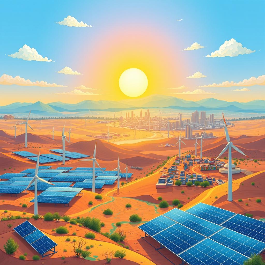 An illustration depicting Iran as a leader in renewable energy, showcasing the country harnessing its natural resources for clean energy like solar, wind, and geothermal