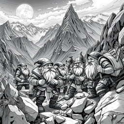 A captivating black and white illustration depicting dwarven exploration and prospection in the rugged mountains of the surface world