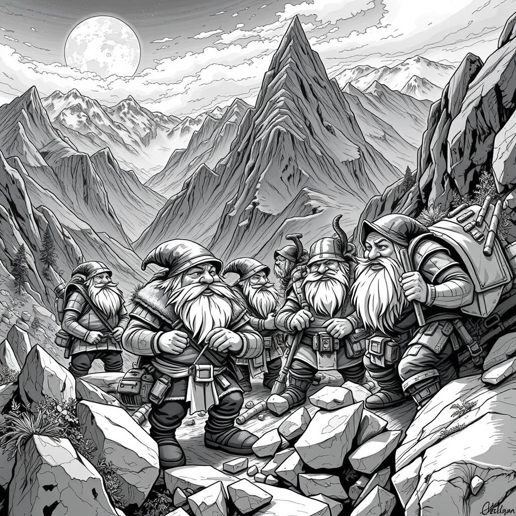 A captivating black and white illustration depicting dwarven exploration and prospection in the rugged mountains of the surface world