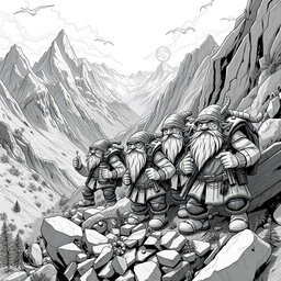 A captivating black and white illustration depicting dwarven exploration and prospection in the rugged mountains of the surface world